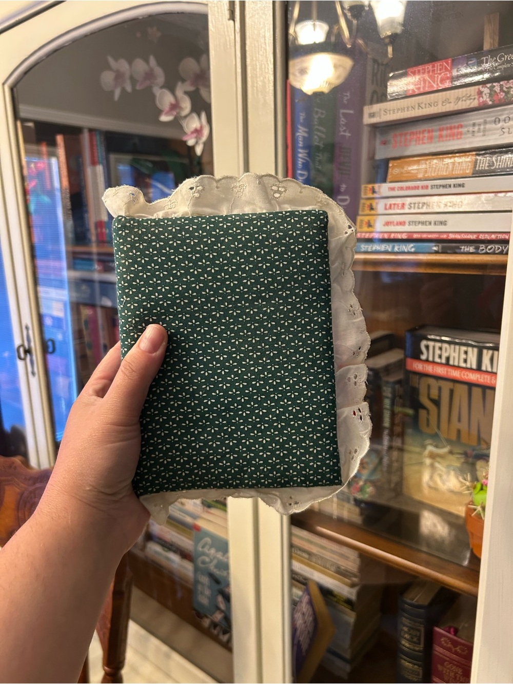 Green Patterned Fabric Photo Album with White Lace Trim